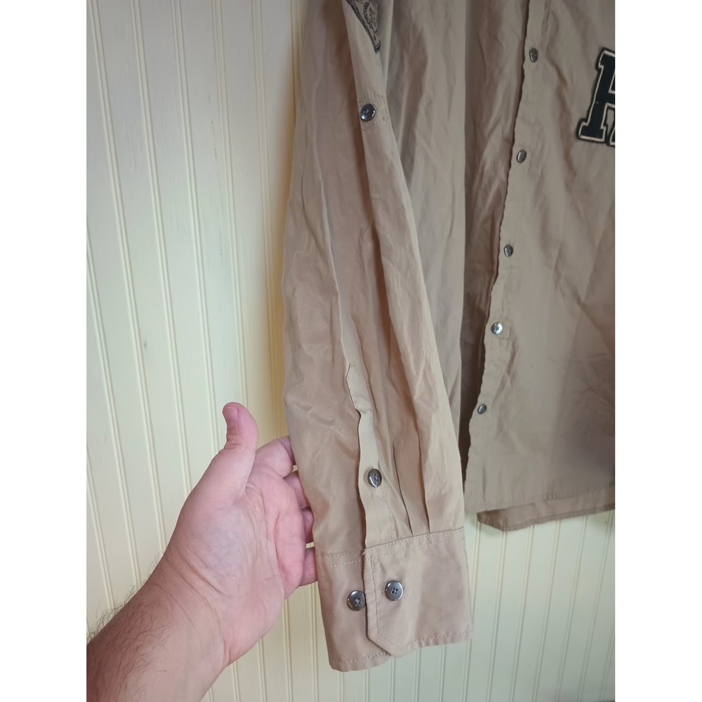 Red Ape Mens Tan Khaki Long Sleeve Button Down Shirt Varsity Patch Size Large - Picture 12 of 13